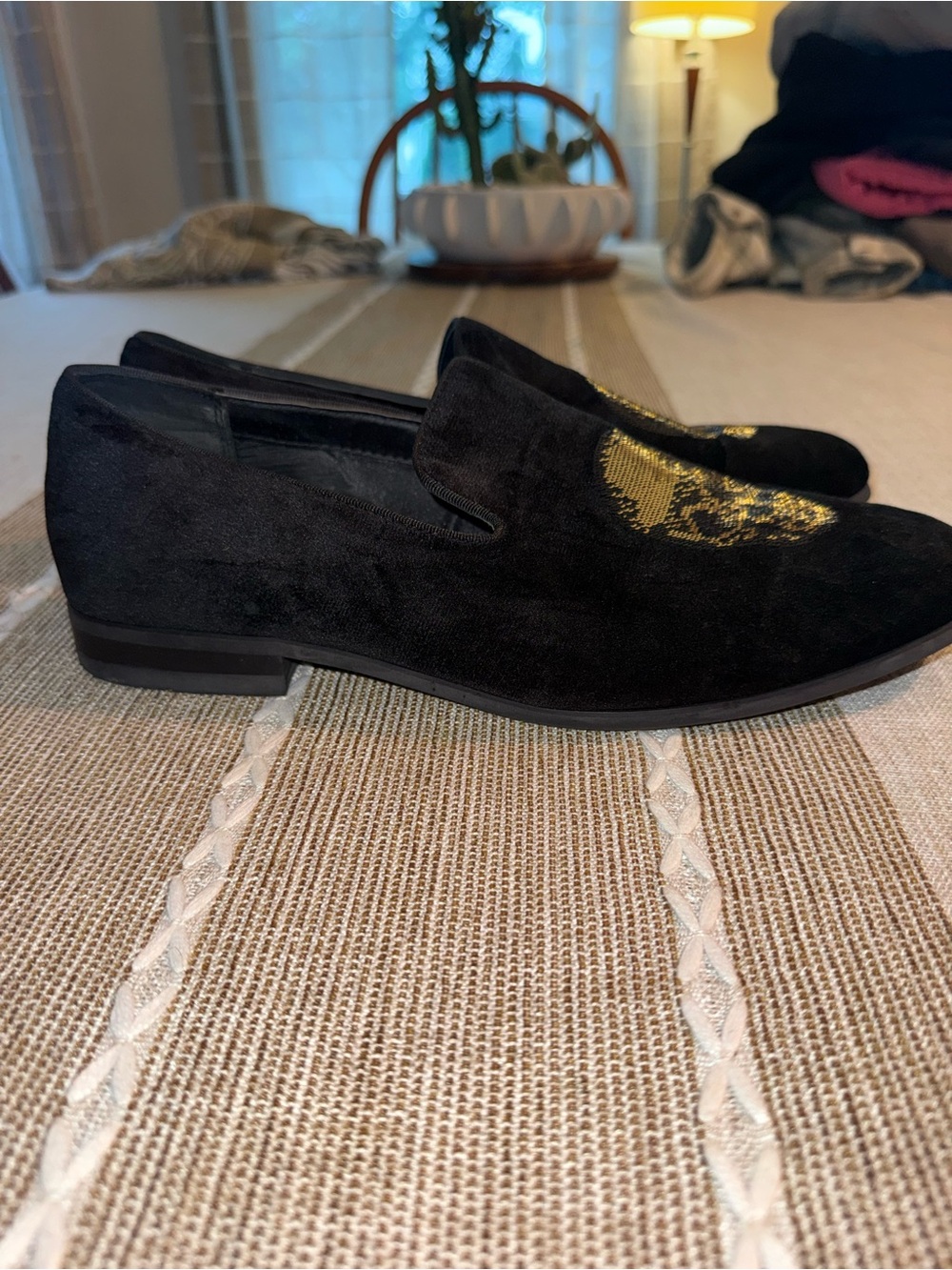 Black Suede Men's Slip-On Loafers with Gold Skull Accent